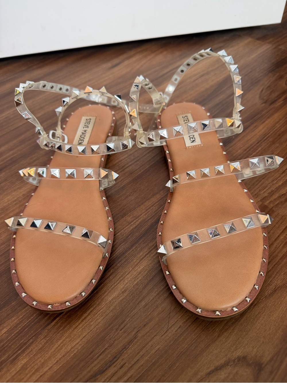 Steve Madden Clear Studded Strappy Sandal with Brown Sole - Picture 2 of 5